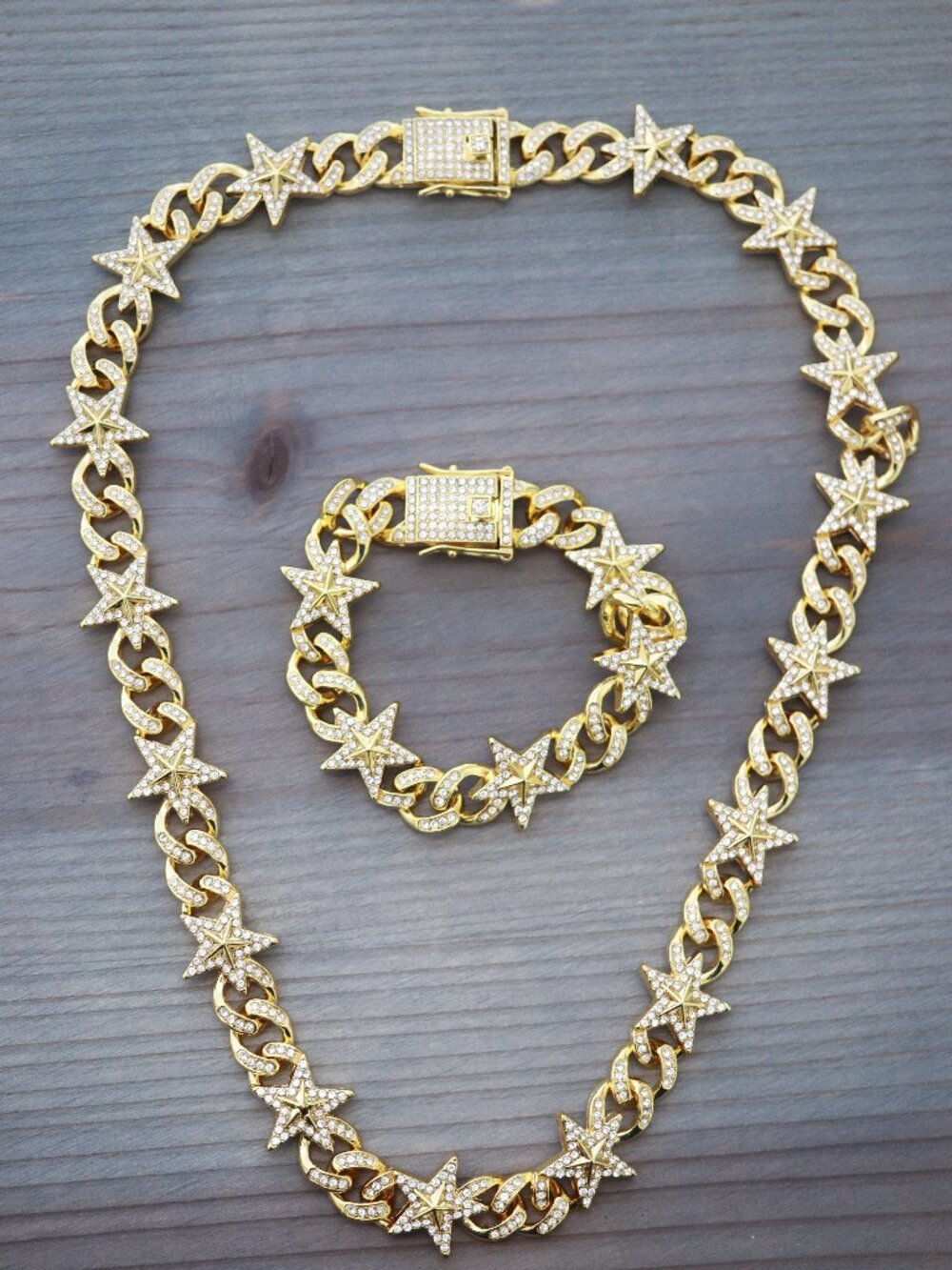 Stars & Cuban Ice Round Curb Diamond Chain with Rhinestones N+B Jewelry Set